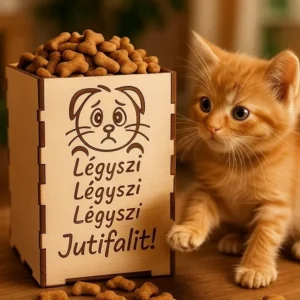 Natúr fából készült cicás jutalomfalat tartó doboz, oldalán lézergravírozott szomorú cica arccal és "Légyszi Légyszi Légyszi Jutifalit!" felirattal. A cicás jutalomfalat tartó doboz.
