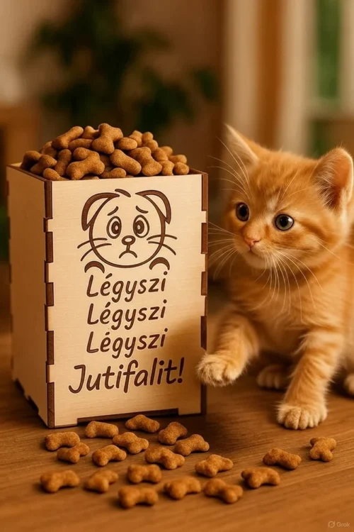 1-A Natúr fából készült cicás jutalomfalat tartó doboz, oldalán lézergravírozott szomorú cica arccal és "Légyszi Légyszi Légyszi Jutifalit!" felirattal. A cicás jutalomfalat tartó doboz.