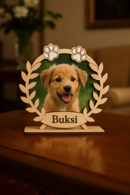 1-name Babérkoszorús kutyás képkeret natúr fából, mancsnyomokkal és koszorú mintával. A keretben egy mosolygó, barna kiskutya fotója látható