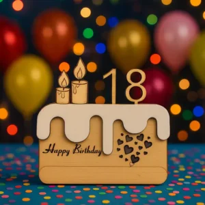 egyedi ajándékok Személyre Szabott Szülinapi Pénzátadó Torta | Egyedi Számmal | LaserDream Natúr fából készült, egyedi ajándékok, születésnapi tortát formázó pénzátadó, fehér "öntettel", két lézergravírozott gyertyával és a 18-as számmal a tetején. Az elején "Happy Birthday" felirat és apró szívek találhatók.