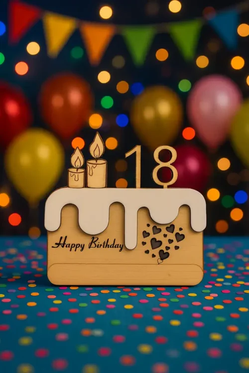Személyre Szabott Szülinapi Pénzátadó Torta | Egyedi Számmal | LaserDream Natúr fából készült, egyedi ajándékok, születésnapi tortát formázó pénzátadó, fehér "öntettel", két lézergravírozott gyertyával és a 18-as számmal a tetején. Az elején "Happy Birthday" felirat és apró szívek találhatók.