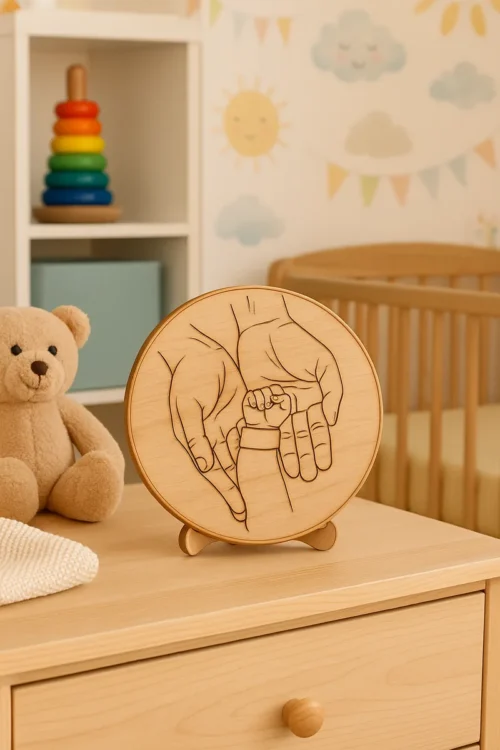 3 Fa dísz újszülött karszalaggal, gravírozott anya és baba kézfogás mintával, babaszobában elhelyezve.