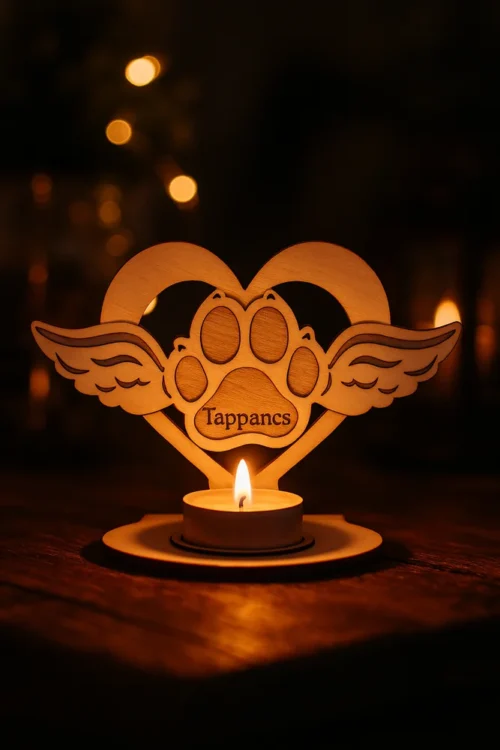4-front Kisállat emlék mécsestartó natúr fából, szív és szárny mintával, középen mancsnyommal, opcionálisan névvel gravírozható. A mécsestartó egy fa asztalon, égő teamécsessel látható.