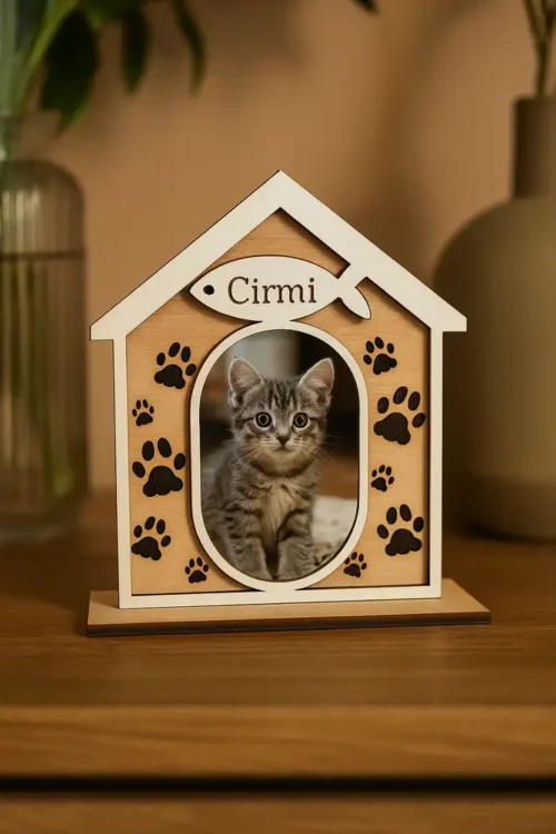 A-cica-2 Natúr fából készült macskaház fényképtartó, amelyben egy aranyos cica képe látható. A keret tetején egy fehér halacska van a cicus neve abba van beleírva az oldalán mancsnyomok.
