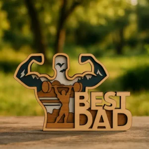 Egy 5 rétegű, 3D hatású testépítő apa dísz, amely egy súlyzózó apát ábrázol hegyvidéki tájjal, "BEST DAD" felirattal. A testépítő apa dísz piros háttéren fekszik.