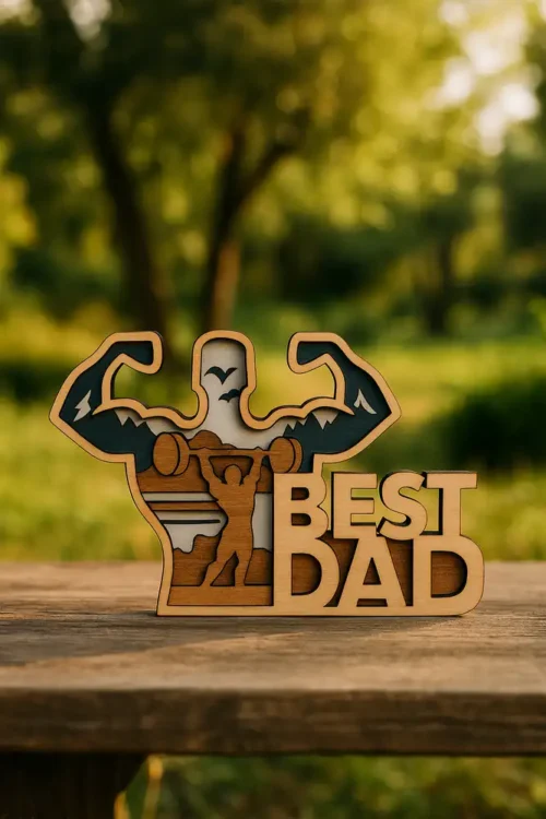 A1 Egy 5 rétegű, 3D hatású testépítő apa dísz, amely egy súlyzózó apát ábrázol hegyvidéki tájjal, "BEST DAD" felirattal. A testépítő apa dísz piros háttéren fekszik.