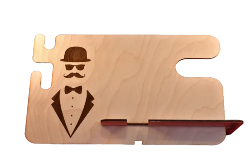 A2 Fából készült multifunkciós telefontartó mobiltelefon, szemüveg, óra és toll számára – lézervágott, gravírozott fa állvány