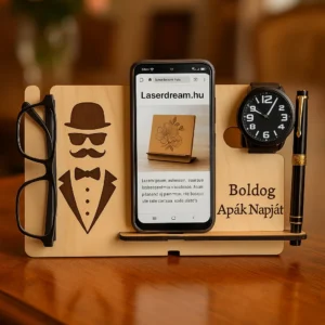 A3 Fából készült multifunkciós telefontartó mobiltelefon, szemüveg, óra és toll számára – lézervágott, gravírozott fa állvány