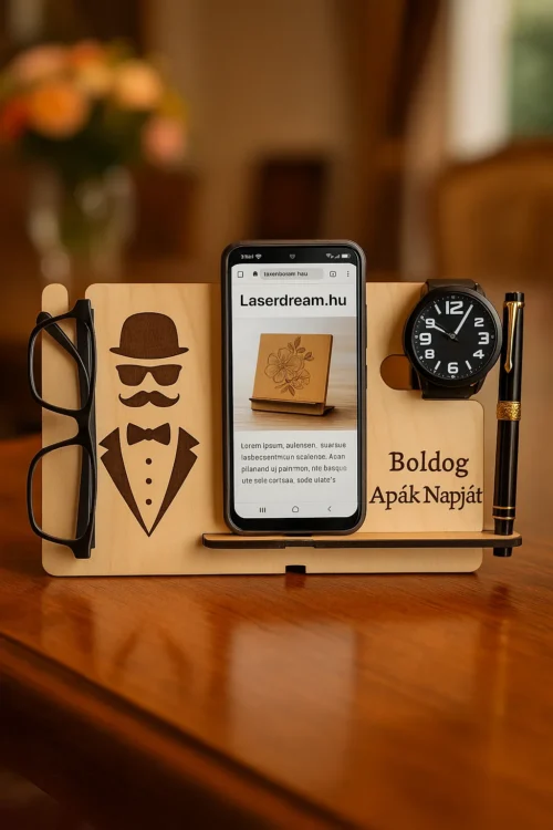 A3 Fából készült multifunkciós telefontartó mobiltelefon, szemüveg, óra és toll számára – lézervágott, gravírozott fa állvány