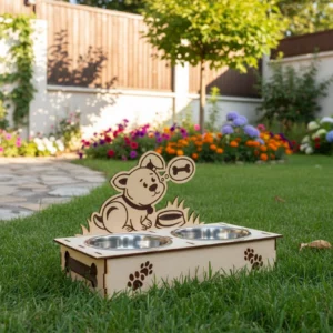 Natúr fából készült személyre szabható dupla etetőtál kutyusoknak, két rozsdamentes acél tállal. A tartón egy gravírozott kutyus minta.