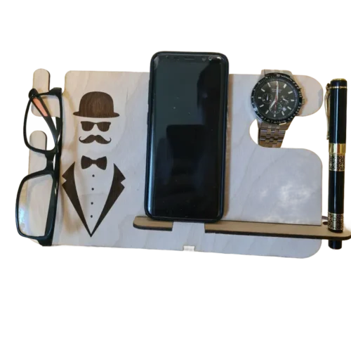 V1 Fából készült multifunkciós telefontartó mobiltelefon, szemüveg, óra és toll számára – lézervágott, gravírozott fa állvány