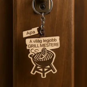 Fából készült apás kulcstartó „A világ legjobb GRILL MESTERE” felirattal – gravírozott fa ajándék apáknak