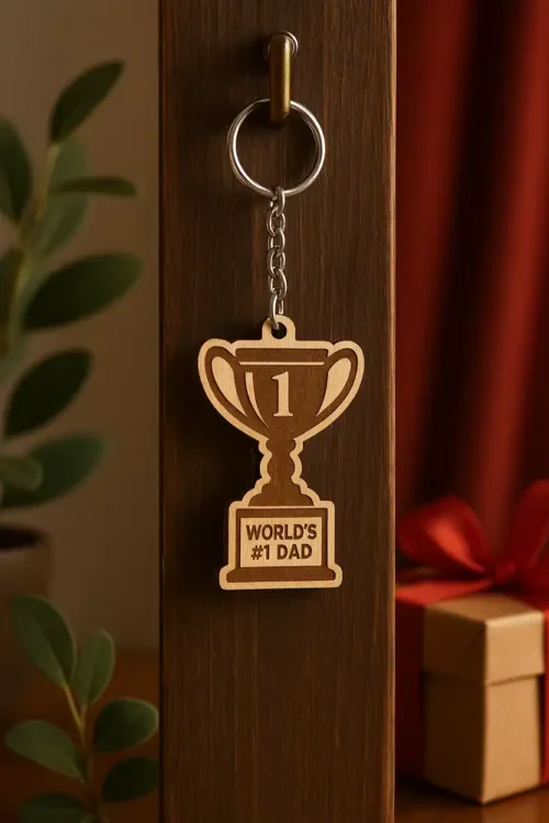 V4 Trófea formájú, lézergravírozott apák napi trófea kulcstartó "World's #1 Dad" felirattal, egy sötét fa felületen lógva. Az apák napi trófea kulcstartó