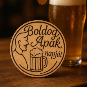 Boldog Apák Napját Sör Alátét. Natúr fából készült, kör alakú sör alátét, melyen egy férfi profilja, egy söröskorsó és a "Boldog Apák napját" felirat van gravírozva.