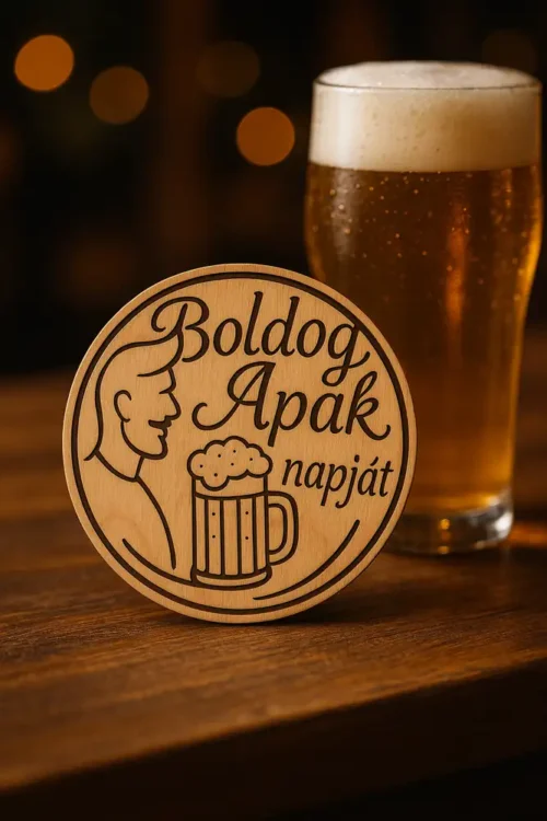 k20250514_0900_Apák napi alátét_remix_01jv6sdzemeqfserd8m1w7ysm5 (1)_result Boldog Apák Napját Sör Alátét. Natúr fából készült, kör alakú sör alátét, melyen egy férfi profilja, egy söröskorsó és a "Boldog Apák napját" felirat van gravírozva.