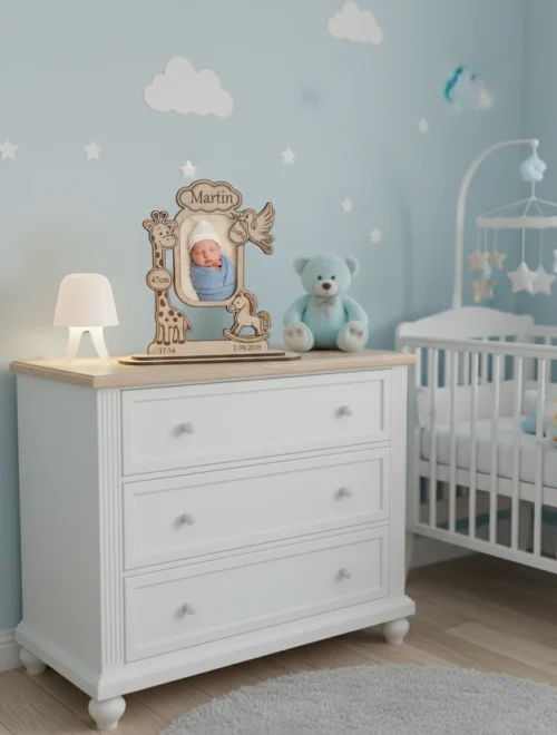 képkeret-szép környezetbe háttér_eredmény Egyedi újszülött fényképtartó fa dísztárgy egy kék babaszoba komódján, egy kisfiú fotójával.