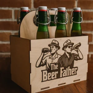 The Beer Father fa sörös rekesz lézergravírozott Keresztapa‑hangulatú grafikával és 6 rekesszel