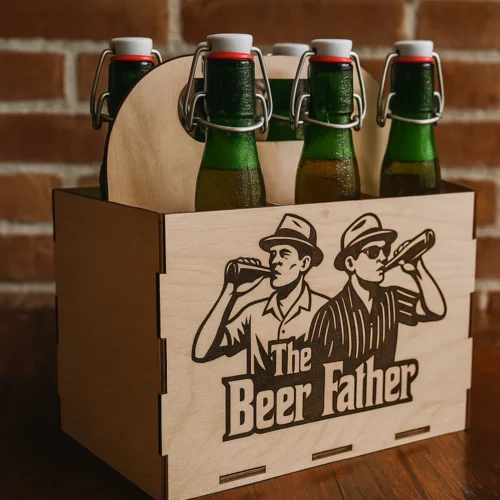 20250720_1623_Sörtartó Farekesz Sörökkel_result The Beer Father fa sörös rekesz lézergravírozott Keresztapa‑hangulatú grafikával és 6 rekesszel
