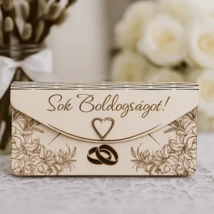 Lézergravírozott fa pénzátadó boríték esküvőre, részletgazdag virágmintákkal, szívvel és jegygyűrűkkel díszítve, elölről