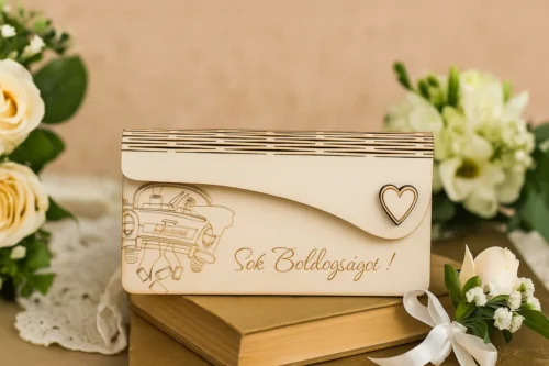 20250726_1152_Esküvői Pénzboríték Lézergravírozott fa pénzátadó boríték esküvőre nászutas autós designnal, szívvel díszítve, elölről nézve.