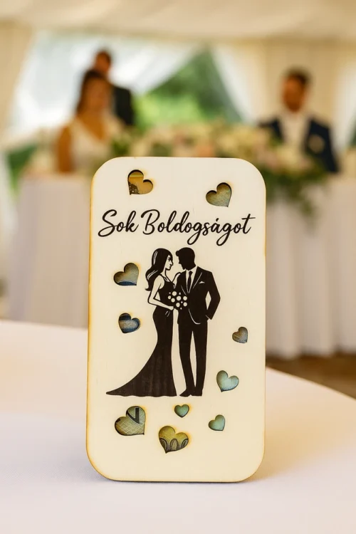 fron_result Fa esküvői pénzátadó doboz lézergravírozott „Sok Boldogságot” felirattal, szerelmespár motívummal és szív alakú áttörésekkel, esküvői háttérben