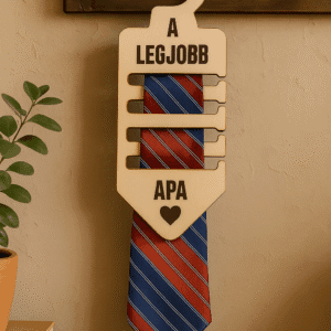 A Legjobb Apa" feliratú, natúr fából készült, lézergravírozott gravírozott fa nyakkendőtartó, amelyen egy piros-kék csíkos nyakkendő lóg. A nyakkendőtartó egy fa akasztón lóg a falon, mellette könyvek és egy növény látható.
