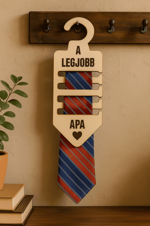 A Legjobb Apa" feliratú, natúr fából készült, lézergravírozott gravírozott fa nyakkendőtartó, amelyen egy piros-kék csíkos nyakkendő lóg. A nyakkendőtartó egy fa akasztón lóg a falon, mellette könyvek és egy növény látható.