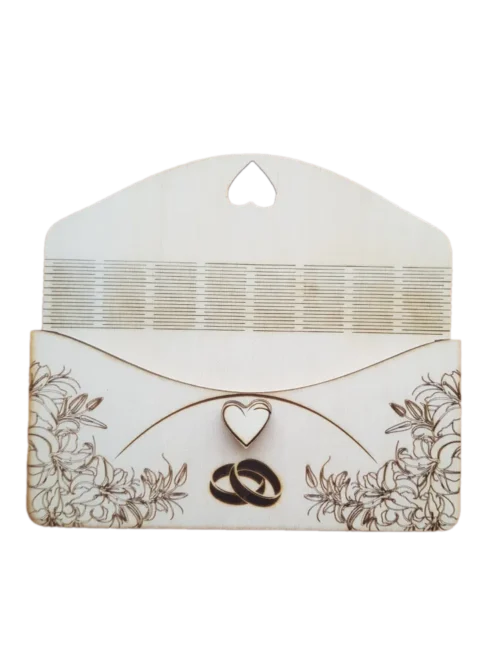 Nyitott lézergravírozott fa pénzátadó boríték esküvőre, belső "Sok Boldogságot!" felirattal