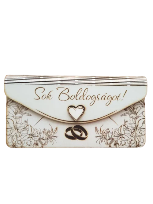 Lézergravírozott fa pénzátadó boríték esküvőre, részletgazdag virágmintákkal,díszítve, elölről fotózva