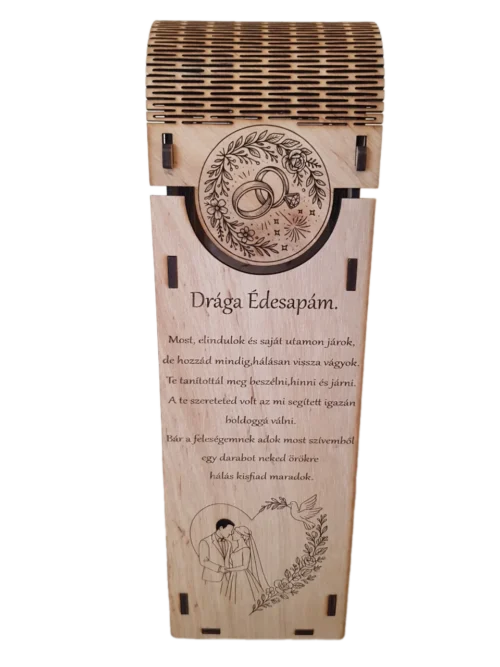 1 Fa szülőköszöntő bortartó, a vőlegény apjának szóló megható verssel gravírozva, opcionális névvel és dátummal.