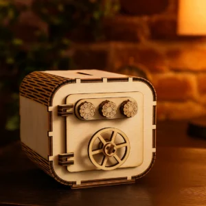 Fa széf persely egy asztalon, hangulatos, meleg fényű háttérrel