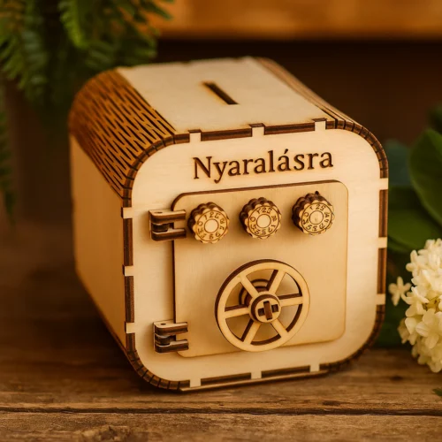 Fa széf persely "Nyaralásra" gravírozott felirattal, virágokkal díszített környezetben.