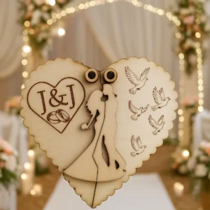 Szív alakú esküvői gyűrűtartó doboz, amely összezárva egy csókolózó párt formáz, egyedi monogrammal gravírozva.