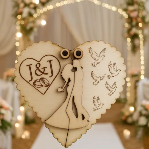 Szív alakú esküvői gyűrűtartó doboz, amely összezárva egy csókolózó párt formáz, egyedi monogrammal gravírozva.