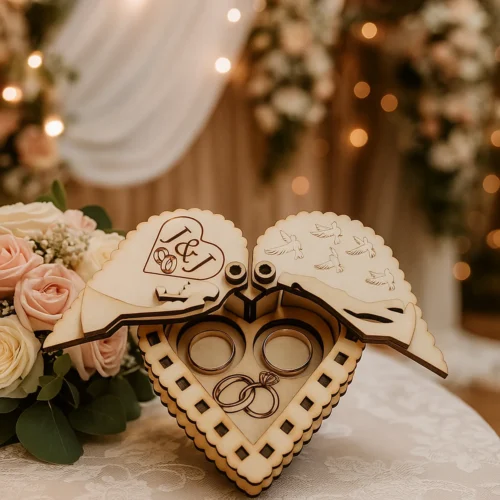 Szív alakú esküvői gyűrűtartó doboz,szétnyitva. Amely összezárva egy csókolózó párt formáz, egyedi monogrammal gravírozva.