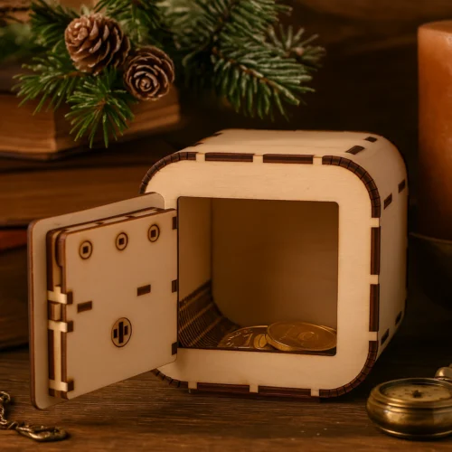 Nyitott ajtajú fa széf persely, amelyben érmék láthatók, karácsonyi hangulatú dekorációval.