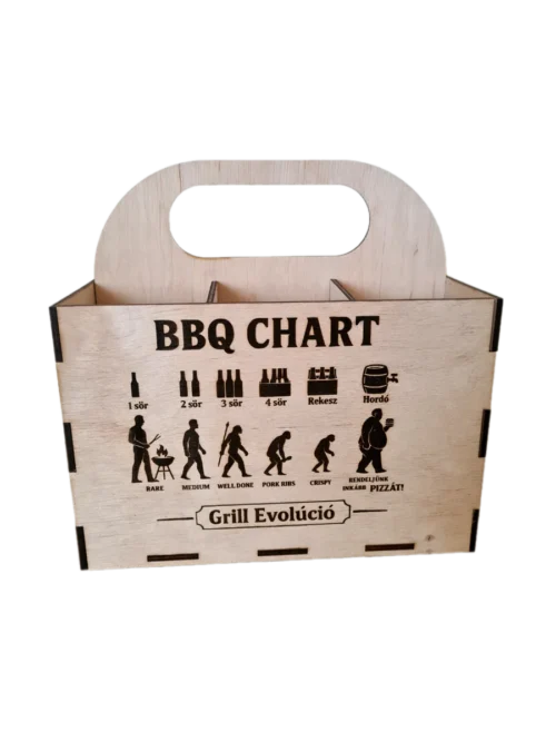 snapedit_1754138407040_result Grill Evolúció fa sörtartó rekesz, vicces BBQ Chart és Grill Evolúció gravírozással, 6 sör tárolására. Elöl nézet