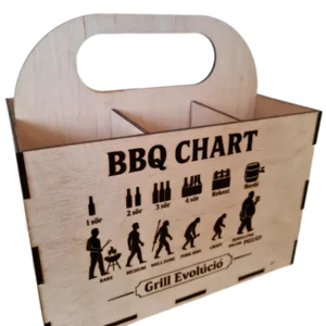 Grill Evolúció fa sörtartó rekesz, vicces BBQ Chart és Grill Evolúció gravírozással, 6 sör tárolására.