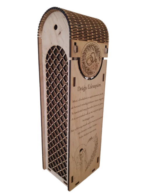 Fa szülőköszöntő bortartó, megható verssel gravírozva, opcionális névvel ,akár dátummal. bal oldal