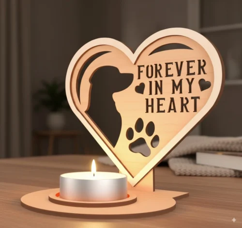 1 Egy asztalon elhelyezett, szív alakú kutya emlékőrző mécsestartó, amelyben pislákol a gyertya, meleg, meghitt hangulatot teremtve.