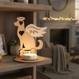 Angyalszárnyas kutya emlékmécses egy polcon elhelyezve, a csontra gravírozható névvel, mint kegyeleti dísz.