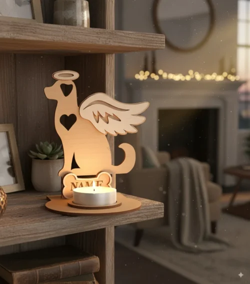 Angyalszárnyas kutya emlékmécses egy polcon elhelyezve, a csontra gravírozható névvel, mint kegyeleti dísz.