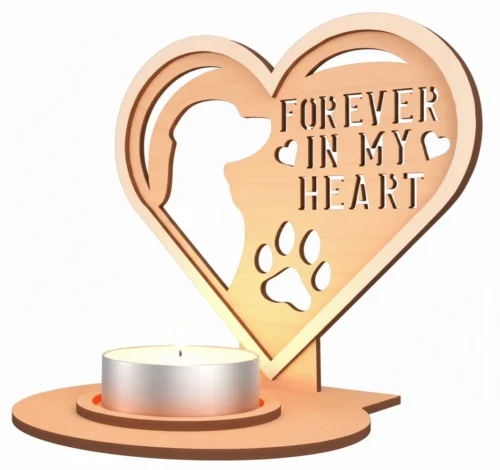 2 Szív alakú kutya emlékőrző mécsestartó, "Forever in my Heart" felirattal és kivágott kutya sziluettel, fehér háttér előtt.