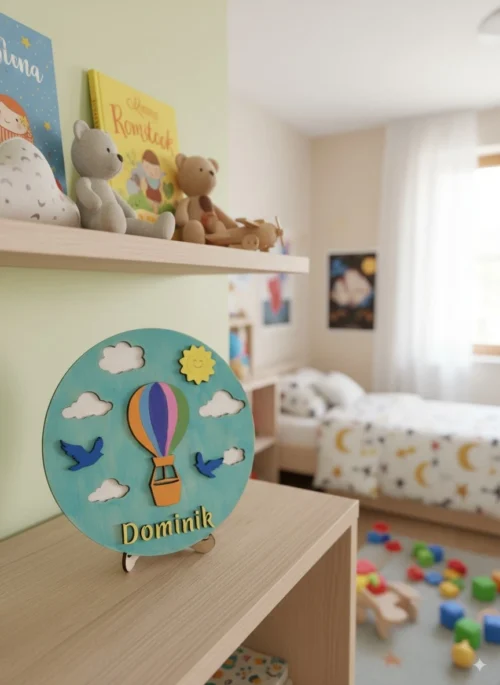 2_result Egy gyerekszoba polcán elhelyezett hőlégballonos gyerekszoba névtábla, a háttérben játékokkal és könyvekkel.