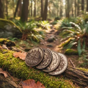 Négy darab, különböző mintával gravírozott fa geocoin az erdőben egy mohás fán