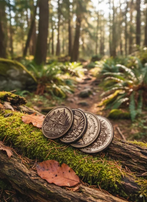 5-all in_result Négy darab, különböző mintával gravírozott fa geocoin az erdőben egy mohás fán