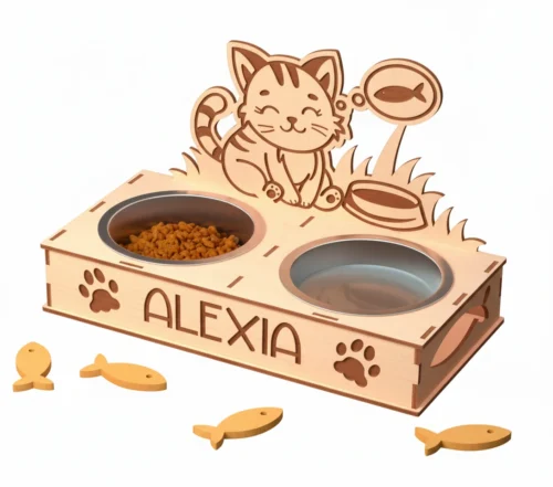 Névre szóló cuki cicás etetőtál, 2 db rozsdamentes acél tállal, fehér háttér előtt.