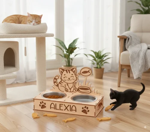 Cuki cicás etetőtál az "Alexia" névvel gravírozva, egy nappaliban, mellette egy fekete kiscicával.