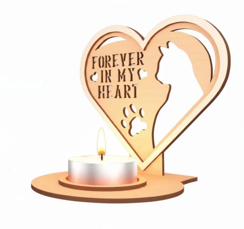 Generated Image August 31, 2025 - 7_33PM_result Szív alakú macska emlékőrző mécsestartó, "Forever in my Heart" felirattal és kivágott macska sziluettel, fehér háttér előtt.