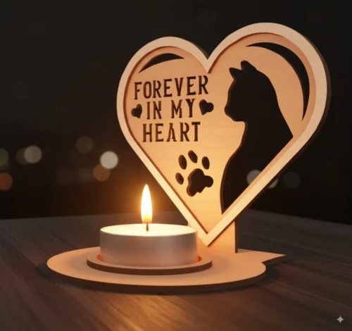 Generated Image August 31, 2025 - 7_39PM_result Egy asztalon elhelyezett, szív alakú macska emlékőrző mécsestartó, amelyben pislákol a gyertya, meleg, meghitt hangulatot teremtve.